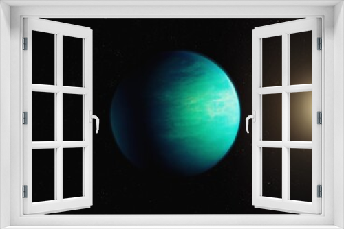 Fototapeta Naklejka Na Ścianę Okno 3D - Exoplanet with conditions suitable for life. An extrasolar planet in deep space has an atmosphere and a solid surface. Super-Earth in the habitable zone.