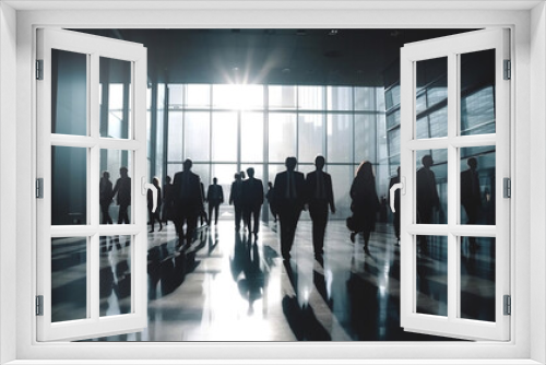 Business people walking in big glass lobby with beautiful morning sun lights reflection. AI generative business concept illustration