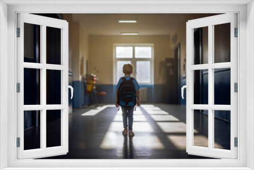 Generative AI illustration of Boy alone and on his back carrying a backpack entering the school classroom