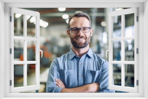 Medium shot portrait photography of a cheerful man in his 30s that is wearing a simple tunic against a busy factory assembly line with workers background .  Generative AI