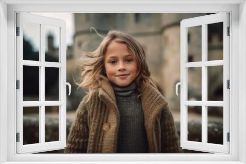 Medium shot portrait photography of a pleased child female that is wearing a chic cardigan against a historic castle with knights and nobility background .  Generative AI