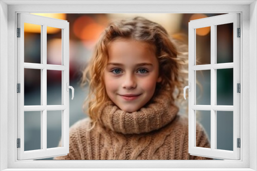 Medium shot portrait photography of a satisfied child female that is wearing a cozy sweater against a bokeh background .  Generative AI