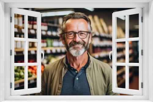 Portrait of smiling senior man wearing eyeglasses while standing in supermarket