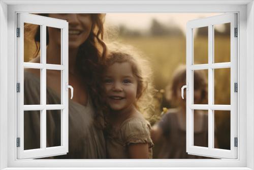 Mother holding her youngest daughter in field. Generative AI