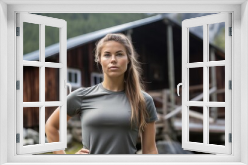 Medium shot portrait photography of a satisfied girl in her 30s working out against a mountain cabin background. With generative AI technology