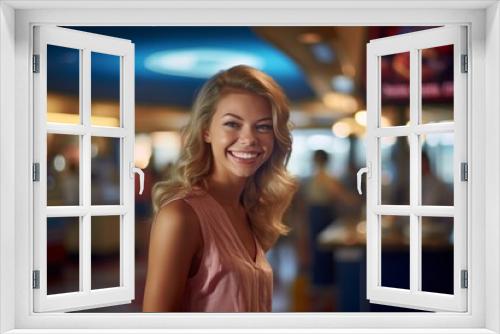 Medium shot portrait photography of a grinning girl in her 30s walking against a classic diner background. With generative AI technology