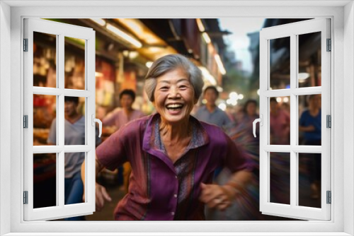 Medium shot portrait photography of a grinning mature woman running against a lively night market background. With generative AI technology