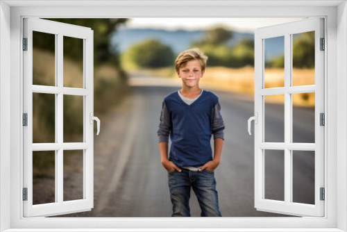 Lifestyle portrait photography of a satisfied kid male wearing comfortable jeans against a winding country road background. With generative AI technology