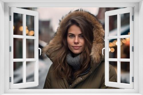 Studio portrait photography of a satisfied girl in her 30s wearing a cozy winter coat against a picturesque old town background. With generative AI technology