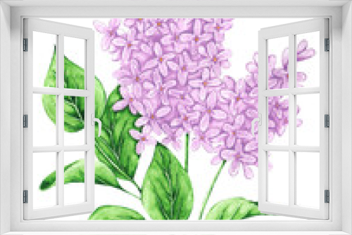 Fototapeta Naklejka Na Ścianę Okno 3D - Lilac branch watercolor illustration. Blooming lilac. Delicate lilac. Lilac bouquet. Flower. Spring, summer bouquet. Greeting card. For printing on postcards, stickers, posters, planners, dishes