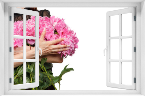 Fototapeta Naklejka Na Ścianę Okno 3D - beautiful peonies in the hands of a girl on a white background