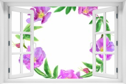 Fototapeta Naklejka Na Ścianę Okno 3D - Watercolor wreath of wild rose flowers isolated on white background. Wedding invitations, greeting cards, packaging for cosmetics and food products.