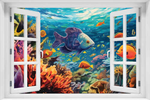 Fototapeta Naklejka Na Ścianę Okno 3D - painting of underwater world with coral fishes 
