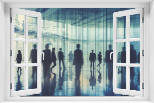Blurred silhouette of office employees in business building room. Light colors horizontal business wallpaper with silhouettes in motion. Generative AI time-lapse photo imitation.