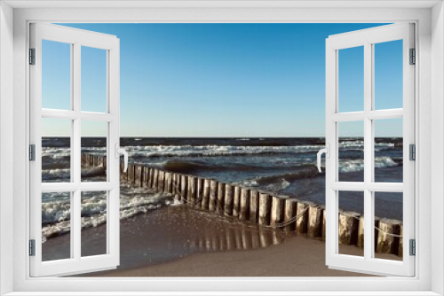 Fototapeta Naklejka Na Ścianę Okno 3D - Blue seascape, waves on the sea, sandy coastline, empty beach
