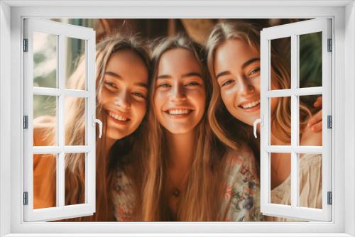 Three teenage girl friends hugging each other happily and smiling - ai generative