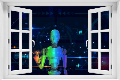 Fototapeta Naklejka Na Ścianę Okno 3D - The robot processes the work of employees and recruits people to work in suitable positions, business concept