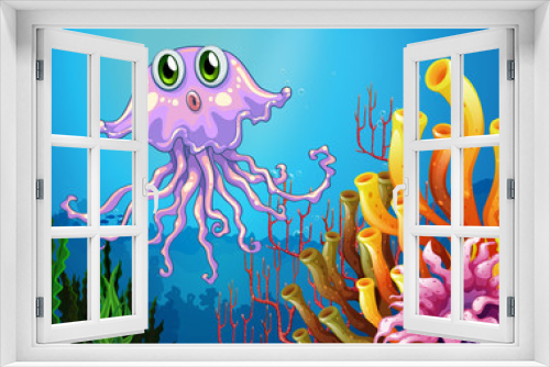 Fototapeta Naklejka Na Ścianę Okno 3D - A cute jellyfish near the coral reefs