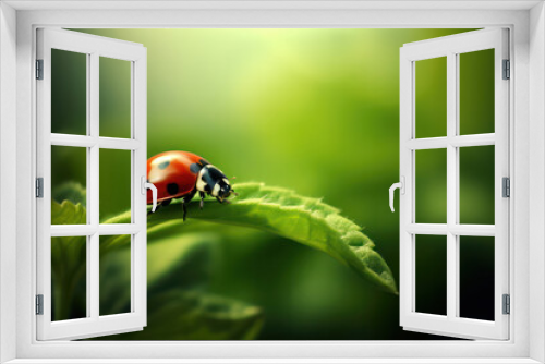 Fototapeta Naklejka Na Ścianę Okno 3D - A captivating close-up of a vibrant ladybug perched on a leaf on an ecological farm, representing the farm's dedication to organic and pesticide-free practices