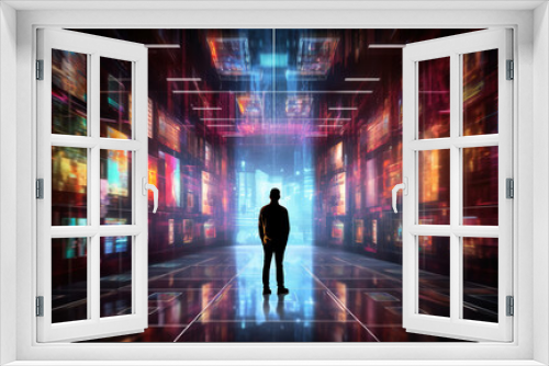 Silhouette of a businessman standing in front of a futuristic background created with generative AI technology