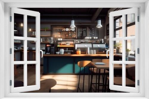 Interior of a modern loft style coffee shop. Decorated walls with open shelves, wooden bar counter, tables and chairs, hanging lamps and open shelves, huge windows. Modern hipster Generative AI