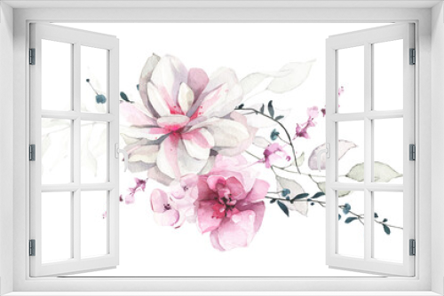 Fototapeta Naklejka Na Ścianę Okno 3D - White lotus and pink rose flowers, pale green branches, leaves, blue little twigs. Watercolor floral bouquet.