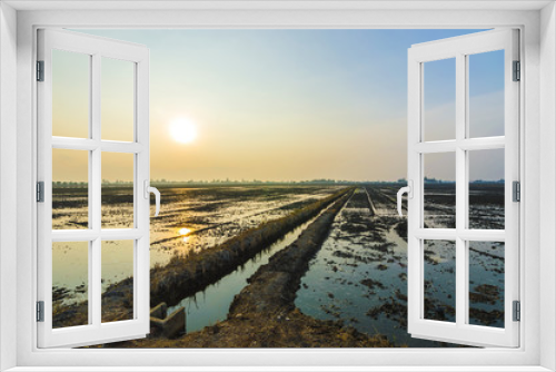 Fototapeta Naklejka Na Ścianę Okno 3D - Sunrise and reflection at water paddy field