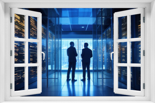  Two businessmen engaged in a discussion in a modern data center, surrounded by servers. Illustrates network security and information technology management in a corporate setting