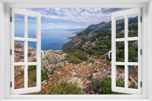 Fototapeta Naklejka Na Ścianę Okno 3D - Panoramic landscape from rocky hill top to coastline, mountains, beaches and sea, Lycian Way, Turkey