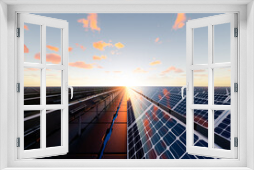 Fototapeta Naklejka Na Ścianę Okno 3D - 3d rendering of floating solar, floatovoltaics or solar farm consist of photovoltaic cell on panel, pontoon, water. System technology for electric, electricity generation. Clean and green power energy
