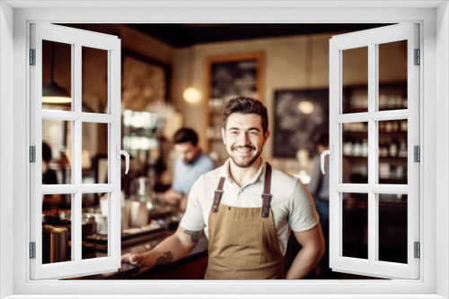 Portrait of a happy and smiling waiter, or small business owner in the coffee shop. 