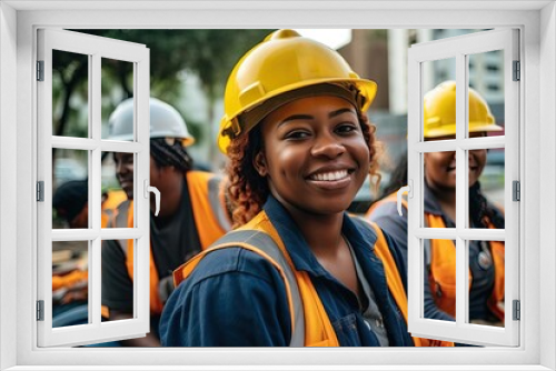 Smiling black construction coworkers posing looking at the camera at work