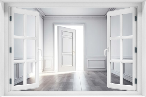 opened door to white, empty room. Copy space Template for integrating your text and image. Detailed view. Generative AI