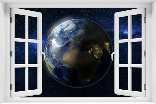 Fototapeta Naklejka Na Ścianę Okno 3D - Planet Earth rotate, spinning on its axis in black and blue Universe of stars. Africa and Europe day and night city lights changes. High detail 3D Render. Elements of this image furnished by NASA