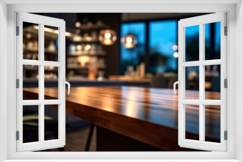Empty wooden table in a modern kitchen kitchen, cafe or restaurant. Blurred background. Ai generated.