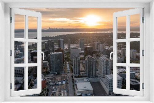 Fototapeta Naklejka Na Ścianę Okno 3D - The City of Bellevue in Washington State Sunset With Dowtown Highrise in View from Above Drone Aerial Shot