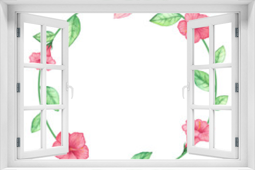 Fototapeta Naklejka Na Ścianę Okno 3D - Round frame decorated with red flowers and green leaves. Watercolor illustration