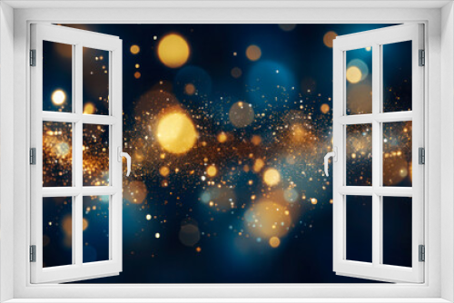 Abstract dark blue and gold particle background. Christmas golden light shed bokeh particles over a background of navy blue. Gold foil appearance. holiday idea.