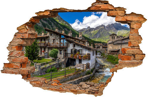 Stone houses, alpine river and mountains on background in Chianale, Italy.