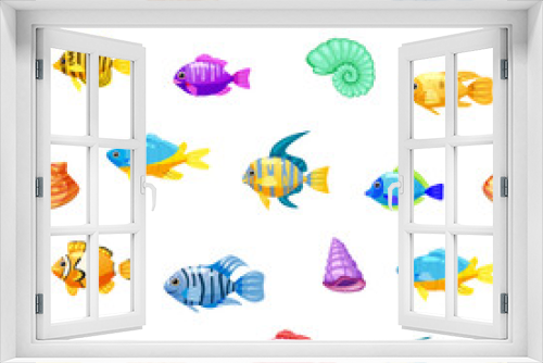 Fototapeta Naklejka Na Ścianę Okno 3D - Tropical fishes, shells cartoon seamless pattern. Cute funny underwater characters