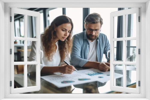 Two business people sit at desk discuss project details, AI Generative