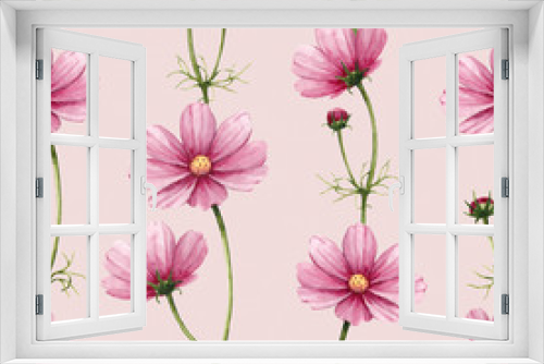 Fototapeta Naklejka Na Ścianę Okno 3D - Cosmos flowers illustration. Watercolor seamless pattern