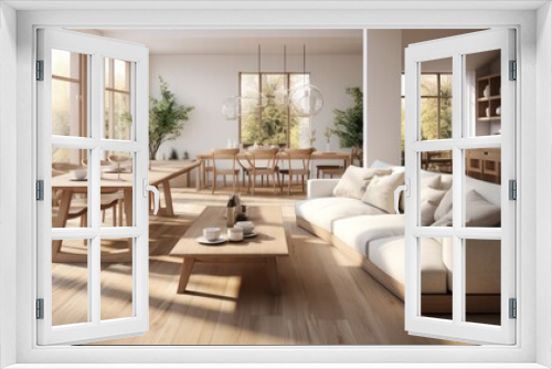 Interior design of modern scandinavian apartment, living room and dining room. Created with generative AI.