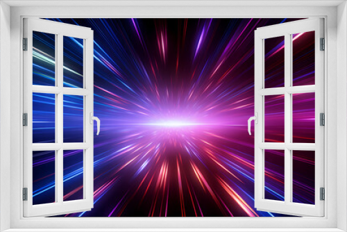 Spectrum Show, Vibrant Neon Beams Illuminate Abstract Geometry in Cosmic Stage Room, generative ai.