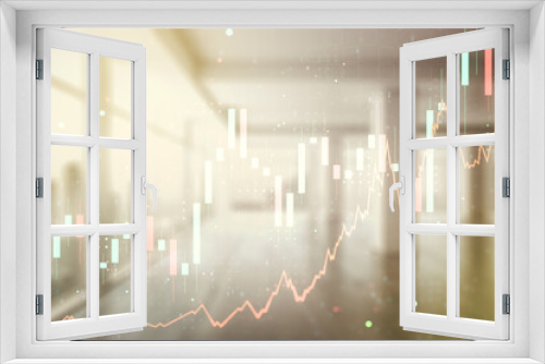 Fototapeta Naklejka Na Ścianę Okno 3D - Multi exposure of virtual creative financial chart hologram on empty modern office background, research and analytics concept
