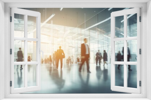 Dynamic business ambiance: Blurred image of business people walking at a trade fair, conference, or in a modern hall, creating a sense of movement and bustling activity. Generative AI
