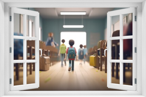 3d model of students on their first day of classes, classrooms and blackboard in the background. student with his backpack