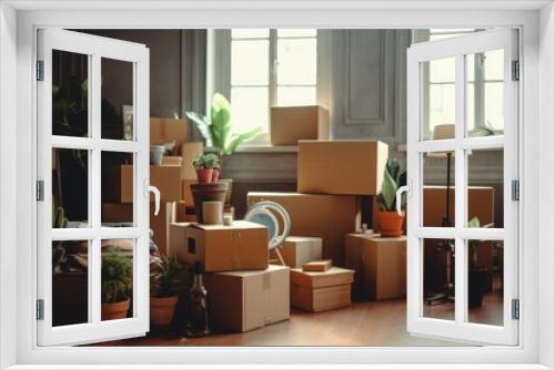 Move concept. Cardboard boxes and cleaning things for moving into a new home. Cardboard boxe background.