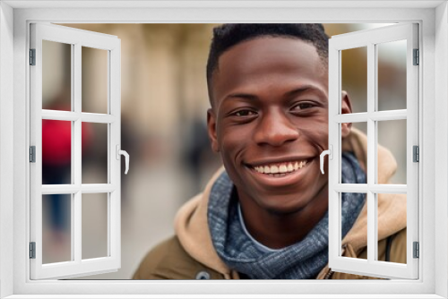 Happy young african american man smiling in the city. Closeup Portrait of a happy young adult African male standing on a European city street. African man with perfect white teeth closeup. .