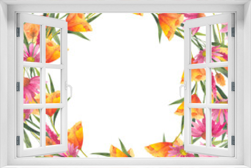 Fototapeta Naklejka Na Ścianę Okno 3D - Watercolor illustration of wildflower wreath. Floral template with space for text. Hand drawn california poppies, dried flowers on white background for design cards, invitations, backgrounds.